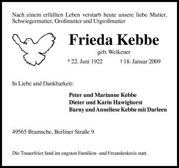 Traueranzeige von Frieda Kebbe von Neue Osnabrücker Zeitung GmbH & Co. KG