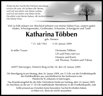 Traueranzeige von Katharina Többen von Neue Osnabrücker Zeitung GmbH & Co. KG