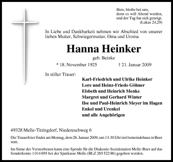 Traueranzeige von Hanna Heinker von Neue Osnabrücker Zeitung GmbH & Co. KG