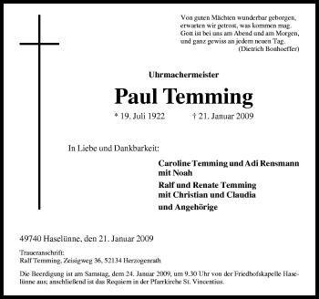 Traueranzeige von Paul Temming von Neue Osnabrücker Zeitung GmbH & Co. KG