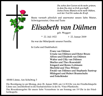 Traueranzeige von Elisabeth van Dülmen von Neue Osnabrücker Zeitung GmbH & Co. KG