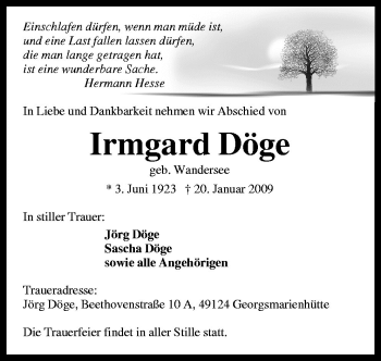 Traueranzeige von Irmgard Döge von Neue Osnabrücker Zeitung GmbH & Co. KG