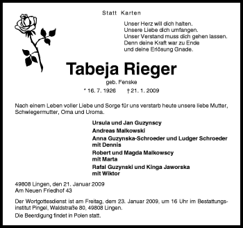 Traueranzeige von Tabeja Rieger von Neue Osnabrücker Zeitung GmbH & Co. KG