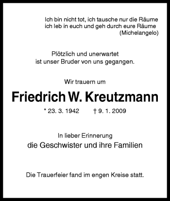 Traueranzeige von Friedrich W. Kreuzmann von Neue Osnabrücker Zeitung GmbH & Co. KG