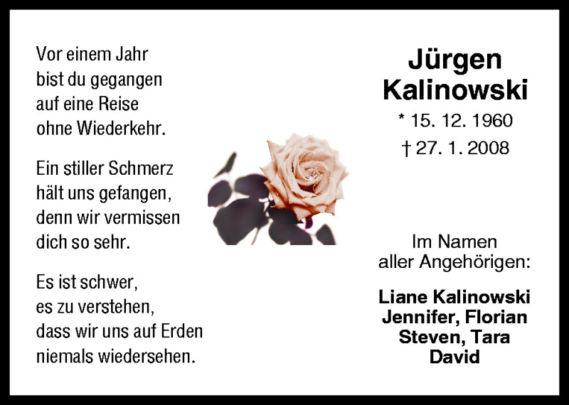  Traueranzeige für Jürgen Kalinowski vom 27.01.2009 aus Neue Osnabrücker Zeitung GmbH & Co. KG
