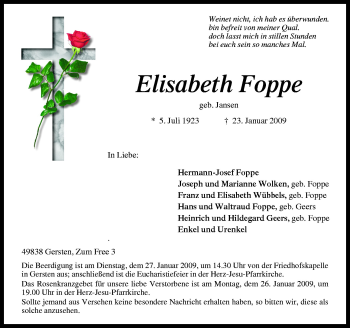 Traueranzeige von Elisabeth Foppe von Neue Osnabrücker Zeitung GmbH & Co. KG
