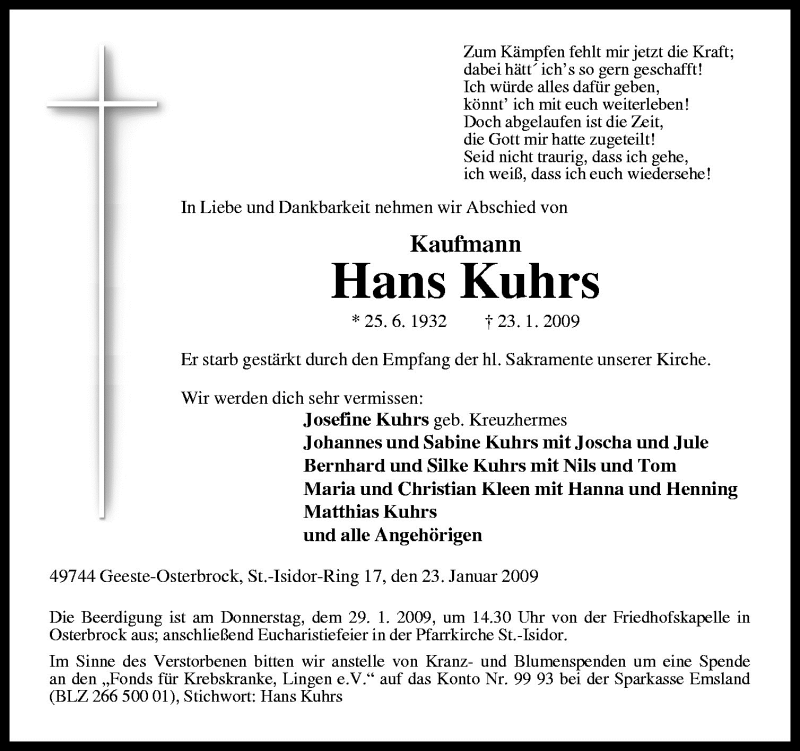  Traueranzeige für Hans Kuhrs vom 26.01.2009 aus Neue Osnabrücker Zeitung GmbH & Co. KG