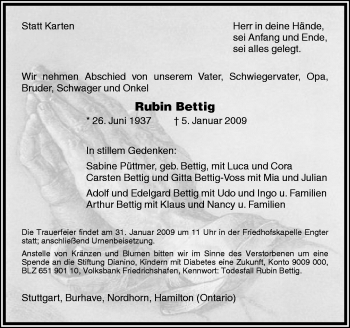 Traueranzeige von Rubin Bettig von Neue Osnabrücker Zeitung GmbH & Co. KG