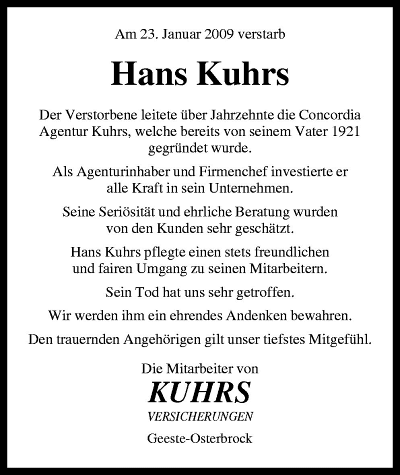  Traueranzeige für Hans Kuhrs vom 28.01.2009 aus Neue Osnabrücker Zeitung GmbH & Co. KG