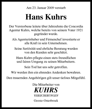 Traueranzeige von Hans Kuhrs von Neue Osnabrücker Zeitung GmbH & Co. KG