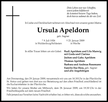 Traueranzeige von Ursula Apeldorn von Neue Osnabrücker Zeitung GmbH & Co. KG