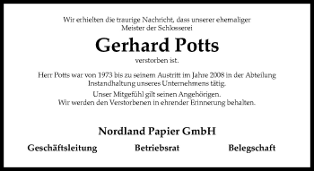 Traueranzeige von Gerhard Potts von Neue Osnabrücker Zeitung GmbH & Co. KG