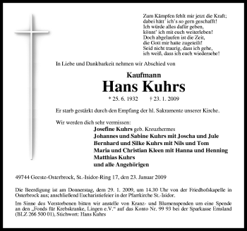 Traueranzeige von Hans Kuhrs von Neue Osnabrücker Zeitung GmbH & Co. KG