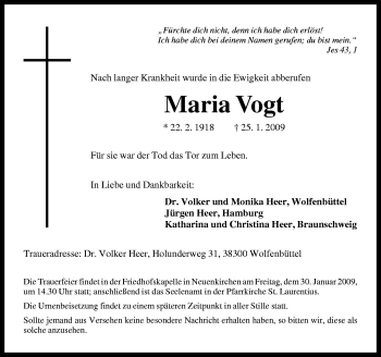 Traueranzeige von Maria Vogt von Neue Osnabrücker Zeitung GmbH & Co. KG