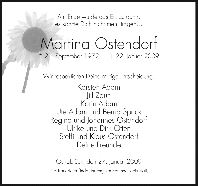  Traueranzeige für Martina Ostendorf vom 27.01.2009 aus Neue Osnabrücker Zeitung GmbH & Co. KG