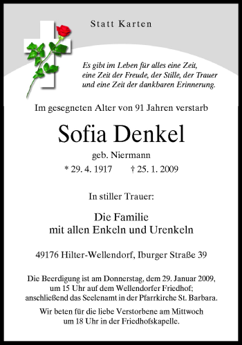 Traueranzeige von Sofia Denkel von Neue Osnabrücker Zeitung GmbH & Co. KG