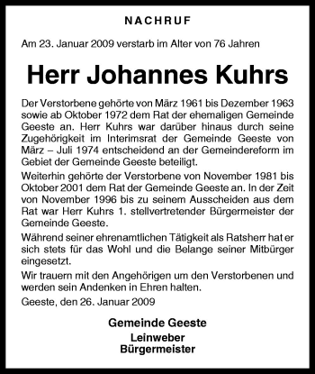 Traueranzeige von Johannes Kuhrs von Neue Osnabrücker Zeitung GmbH & Co. KG