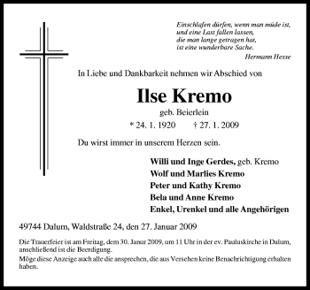 Traueranzeige von Ilse Kremo von Neue Osnabrücker Zeitung GmbH & Co. KG