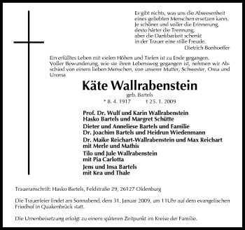 Traueranzeige von Käte Wallrabenstein von Neue Osnabrücker Zeitung GmbH & Co. KG