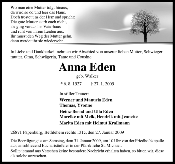 Traueranzeige von Anna Eden von Neue Osnabrücker Zeitung GmbH & Co. KG