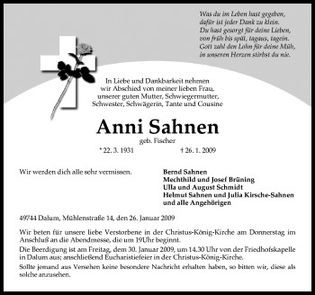 Traueranzeige von Anni Sahnen von Neue Osnabrücker Zeitung GmbH & Co. KG