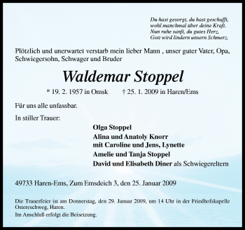Traueranzeige von Waldemar Stoppel von Neue Osnabrücker Zeitung GmbH & Co. KG