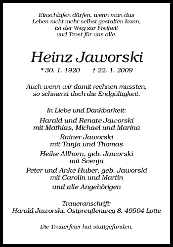 Traueranzeige von Heinz Jaworski von Neue Osnabrücker Zeitung GmbH & Co. KG