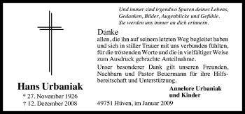 Traueranzeige von Hans Urbaniak von Neue Osnabrücker Zeitung GmbH & Co. KG