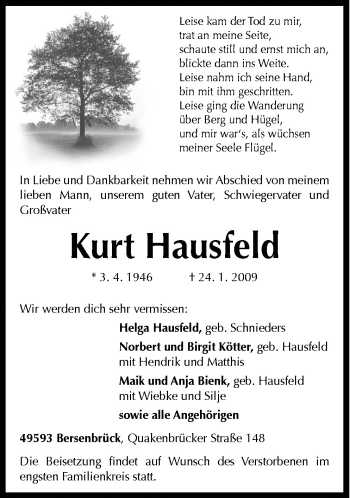 Traueranzeige von Kurt Hausfeld von Neue Osnabrücker Zeitung GmbH & Co. KG