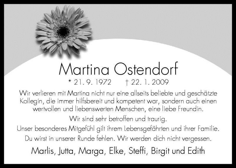  Traueranzeige für Martina Ostendorf vom 31.01.2009 aus Neue Osnabrücker Zeitung GmbH & Co. KG