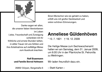 Traueranzeige von Anneliese Güldenhöven von Neue Osnabrücker Zeitung GmbH & Co. KG