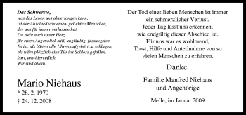 Traueranzeige von Mario Niehaus von Neue Osnabrücker Zeitung GmbH & Co. KG