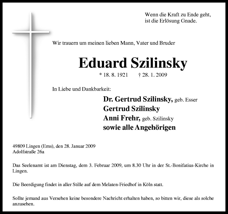  Traueranzeige für Eduard Szilinsky vom 31.01.2009 aus Neue Osnabrücker Zeitung GmbH & Co. KG