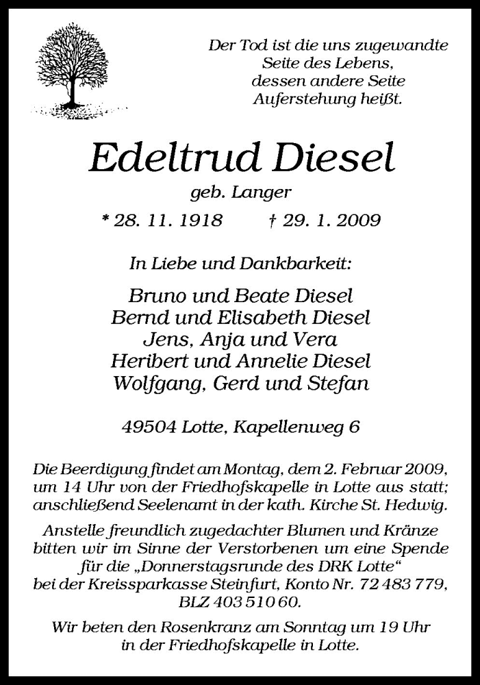  Traueranzeige für Edeltrud Diesel vom 30.01.2009 aus Neue Osnabrücker Zeitung GmbH & Co. KG