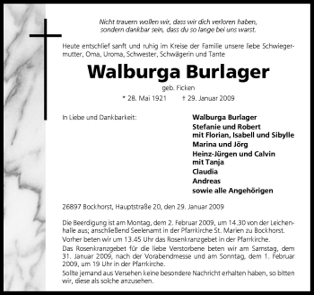 Traueranzeige von Walburga Burlager von Neue Osnabrücker Zeitung GmbH & Co. KG