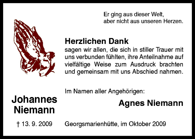  Traueranzeige für Johannes Niemann vom 17.10.2009 aus Neue Osnabrücker Zeitung GmbH & Co. KG