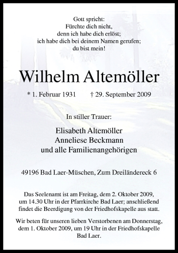Traueranzeige von Wilhelm Altemöller von Neue Osnabrücker Zeitung GmbH & Co. KG