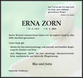 Traueranzeige von Erna Zorn von Neue Osnabrücker Zeitung GmbH & Co. KG