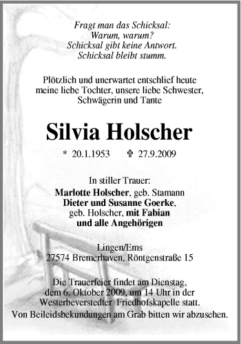 Traueranzeige von Silvia Holscher von Neue Osnabrücker Zeitung GmbH & Co. KG