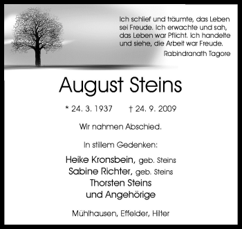 Traueranzeige von August Steins von Neue Osnabrücker Zeitung GmbH & Co. KG