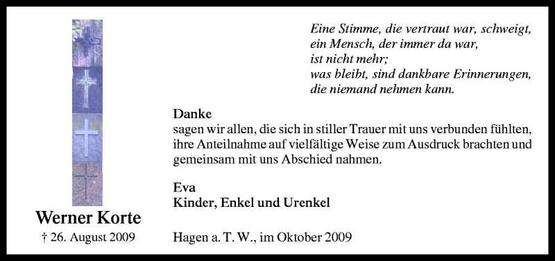  Traueranzeige für Werner Korte vom 03.10.2009 aus Neue Osnabrücker Zeitung GmbH & Co. KG