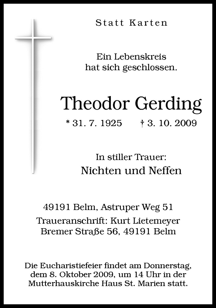  Traueranzeige für Theodor Gerding vom 06.10.2009 aus Neue Osnabrücker Zeitung GmbH & Co. KG