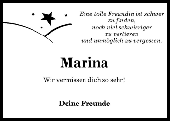 Traueranzeige von Marina  von Neue Osnabrücker Zeitung GmbH & Co. KG