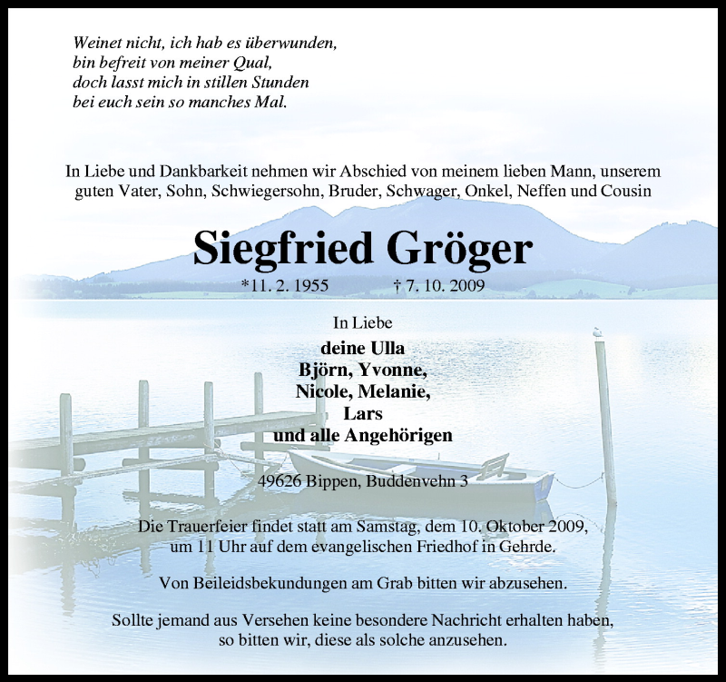  Traueranzeige für Siegfried Gröger vom 09.10.2009 aus Neue Osnabrücker Zeitung GmbH & Co. KG