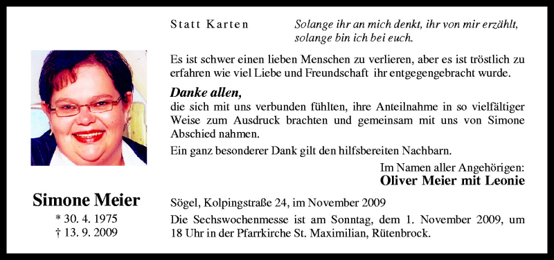  Traueranzeige für Simone Meier vom 29.10.2009 aus Neue Osnabrücker Zeitung GmbH & Co. KG