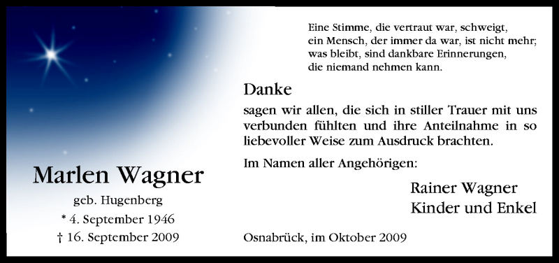  Traueranzeige für Marlen Wagner vom 10.10.2009 aus Neue Osnabrücker Zeitung GmbH & Co. KG
