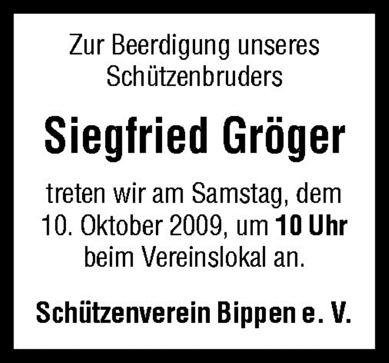  Traueranzeige für Siegfried Gröger vom 09.10.2009 aus Neue Osnabrücker Zeitung GmbH & Co. KG