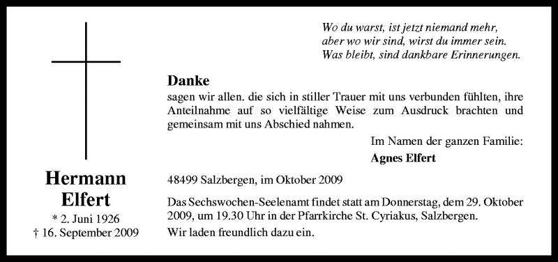  Traueranzeige für Hermann Elfert vom 24.10.2009 aus Neue Osnabrücker Zeitung GmbH & Co. KG