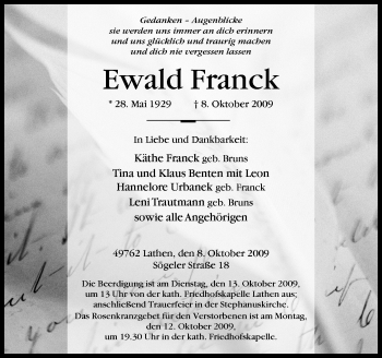 Traueranzeige von Franck  von Neue Osnabrücker Zeitung GmbH & Co. KG