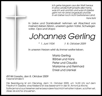 Traueranzeige von Johannes Gerling von Neue Osnabrücker Zeitung GmbH & Co. KG